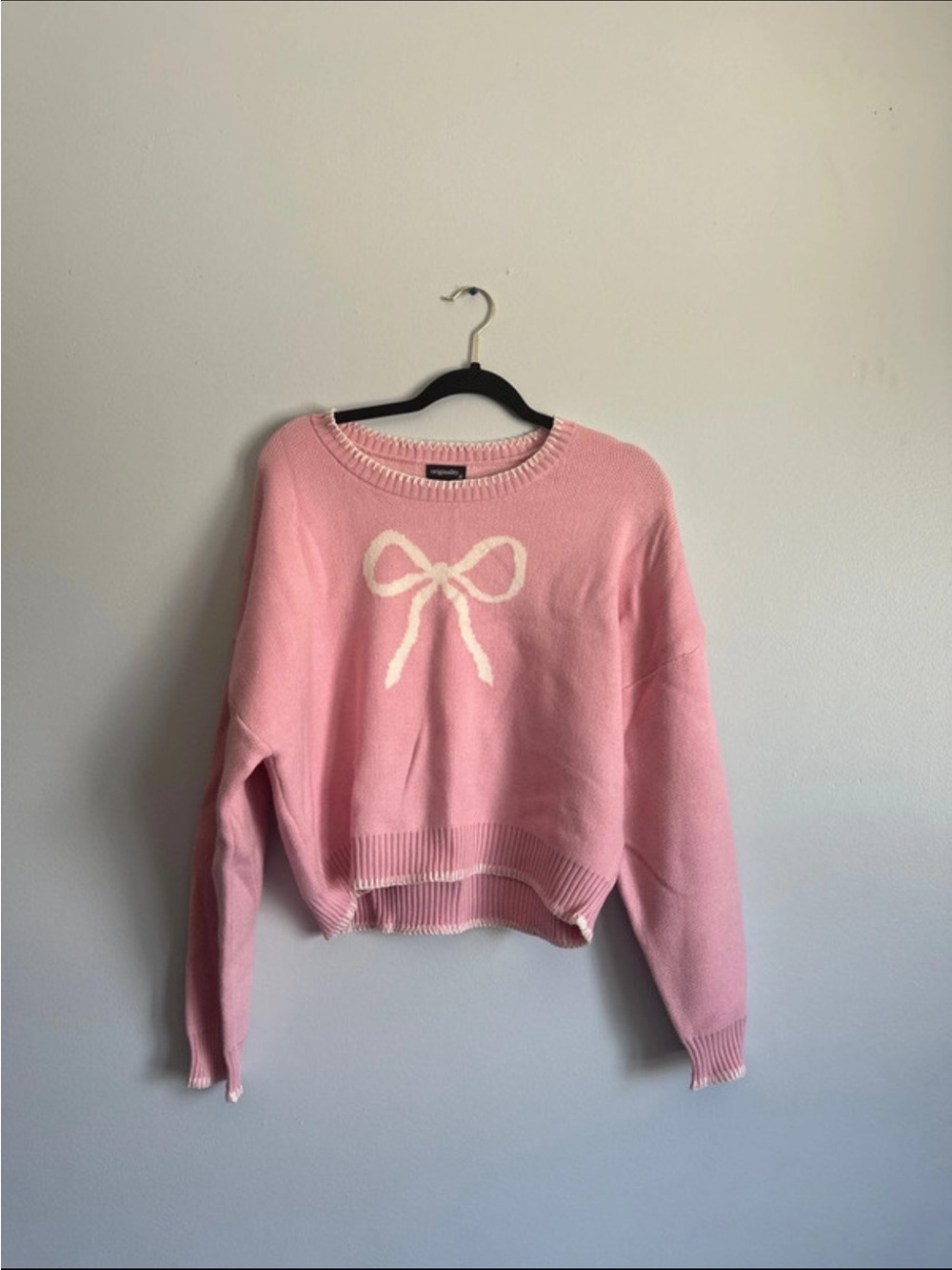 Pink Crewneck Sweater with Cream Bow Detail